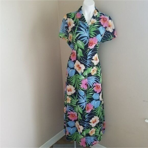 Emma James Dresses & Skirts - 80s Hawaiian Short Sleeve Vintage Flower Button Down Tie Waist Maxi Dress 16
